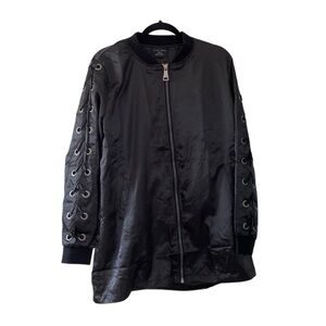 Love Tree Black Silk Satin Long Bomber Jacket with Tie Sleeve Detail